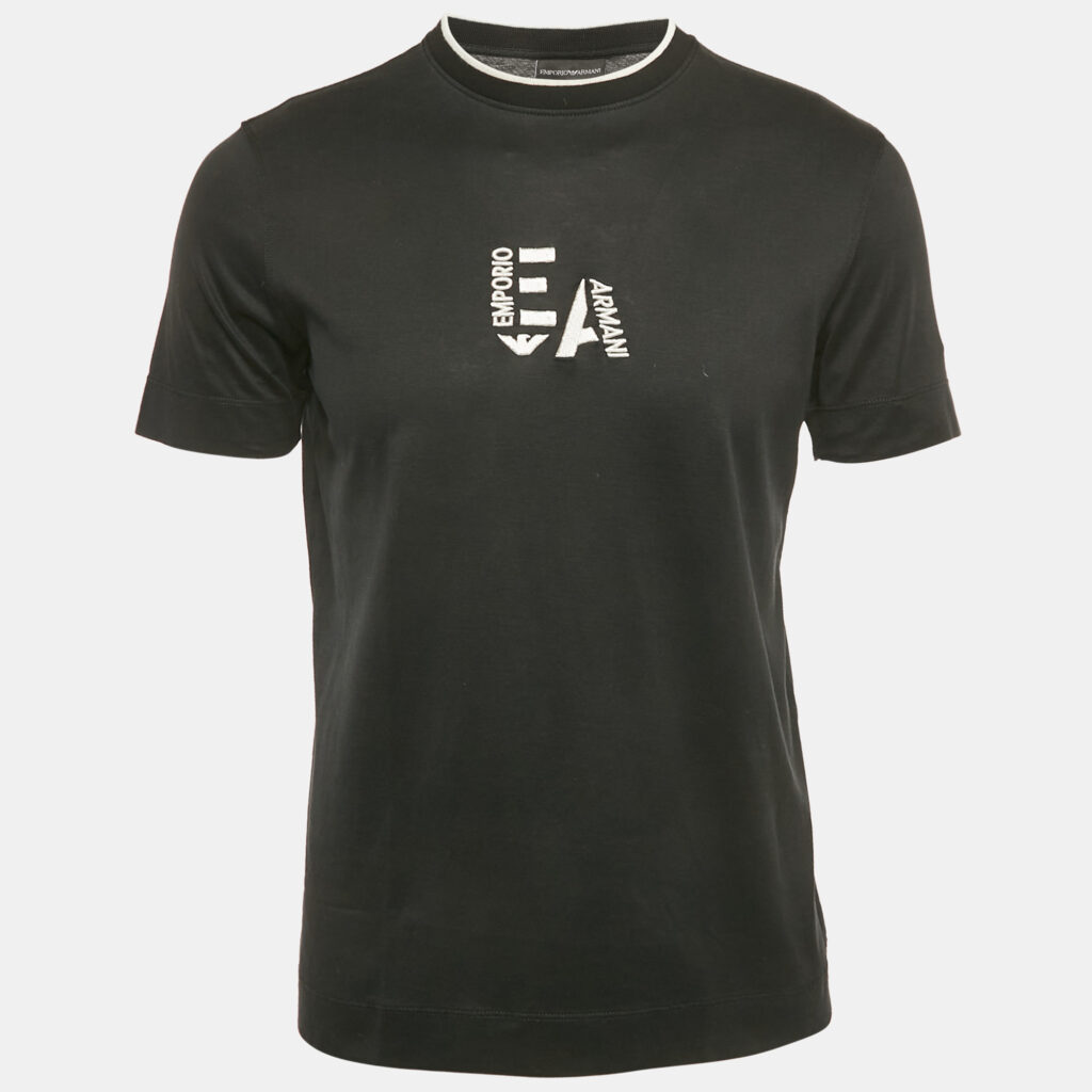 Emporio Armani Black Embroidered Logo Cotton Crewneck T-shirt S Emporio Armani Black Embroidered Logo Cotton Crewneck T-shirt S