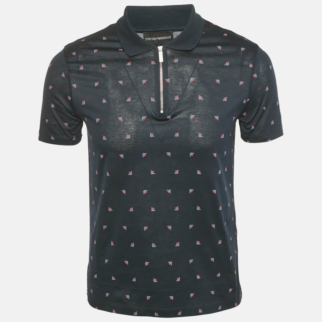 Emporio Armani Navy Blue Logo Print Cotton Zip -Up Polo T-Shirt S Emporio Armani Navy Blue Logo Print Cotton Zip -Up Polo T-Shirt S