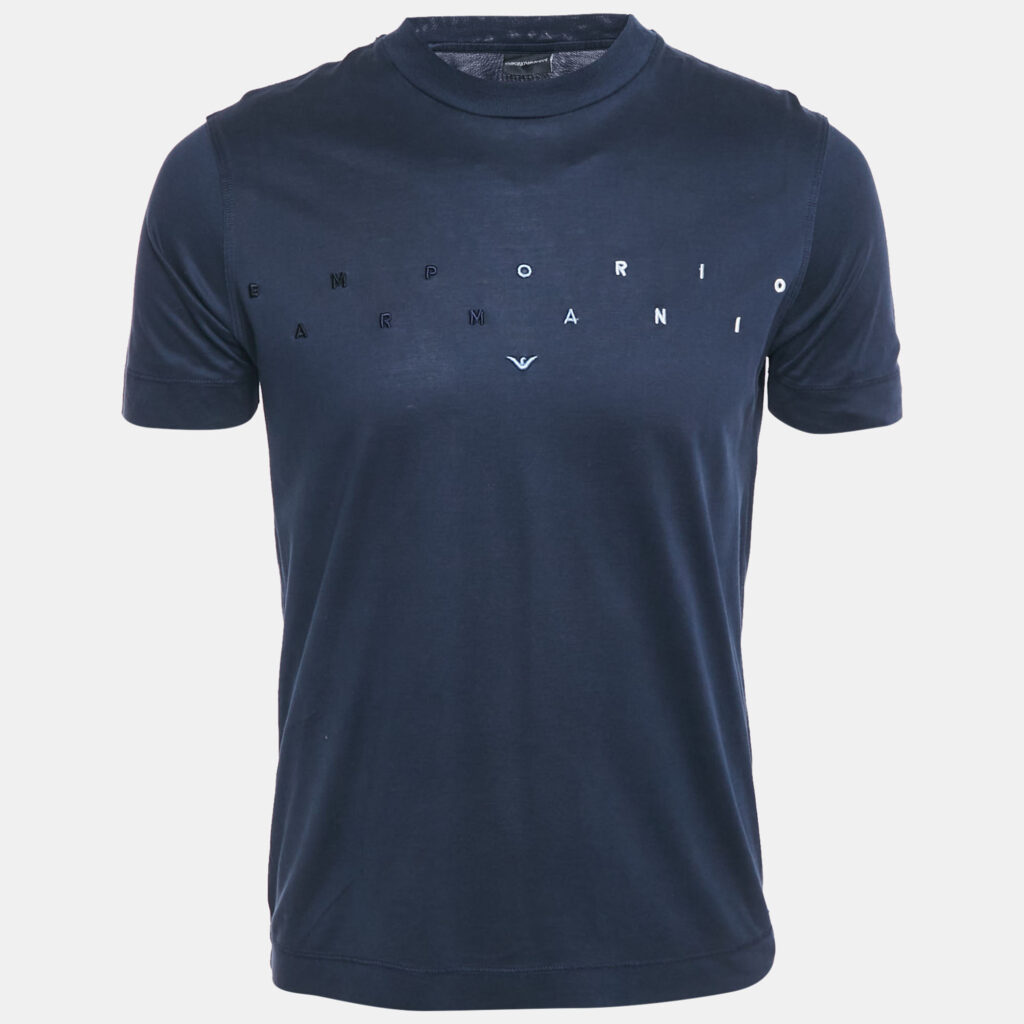 Emporio Armani Navy Blue Logo Embroidered Cotton Crewneck T-Shirt S Emporio Armani Navy Blue Logo Embroidered Cotton Crewneck T-Shirt S