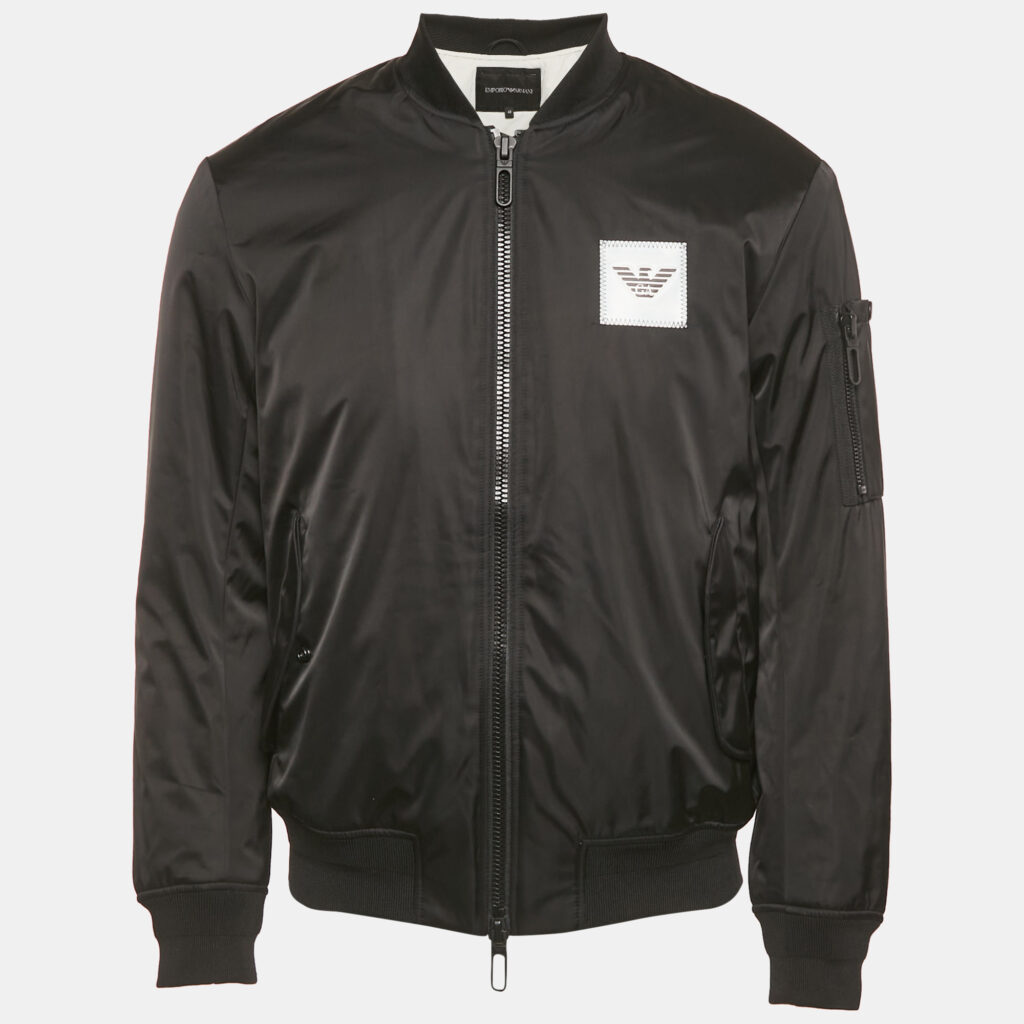 Emporio Armani Black Logo Applique Nylon Bomber Jacket M