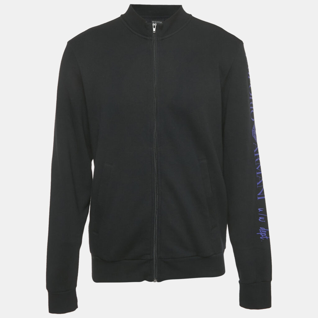Emporio Armani Black Cotton Logo Print Zip Front Hoodie L Emporio Armani Black Cotton Logo Print Zip Front Hoodie L