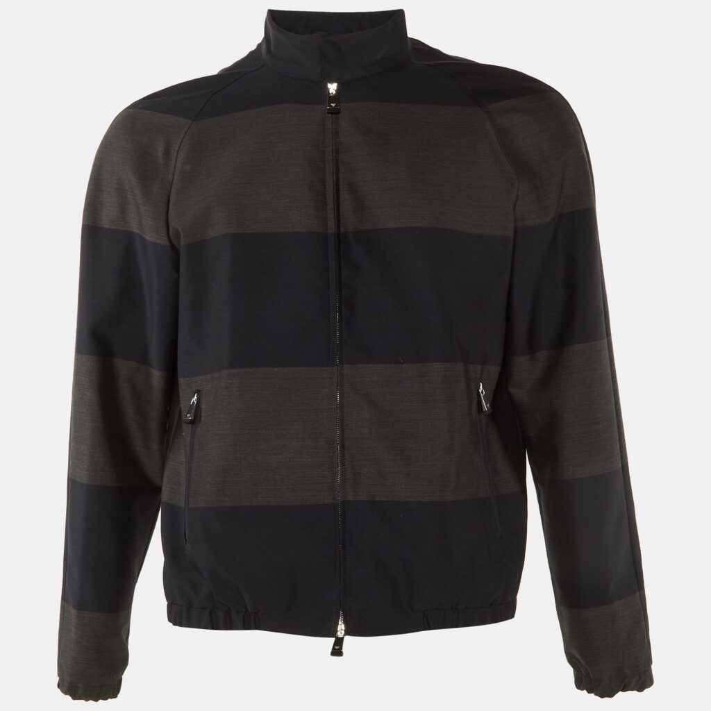 Emporio Armani Black Striped Wool & Cotton Zip Up Jacket L Emporio Armani Black Striped Wool & Cotton Zip Up Jacket L
