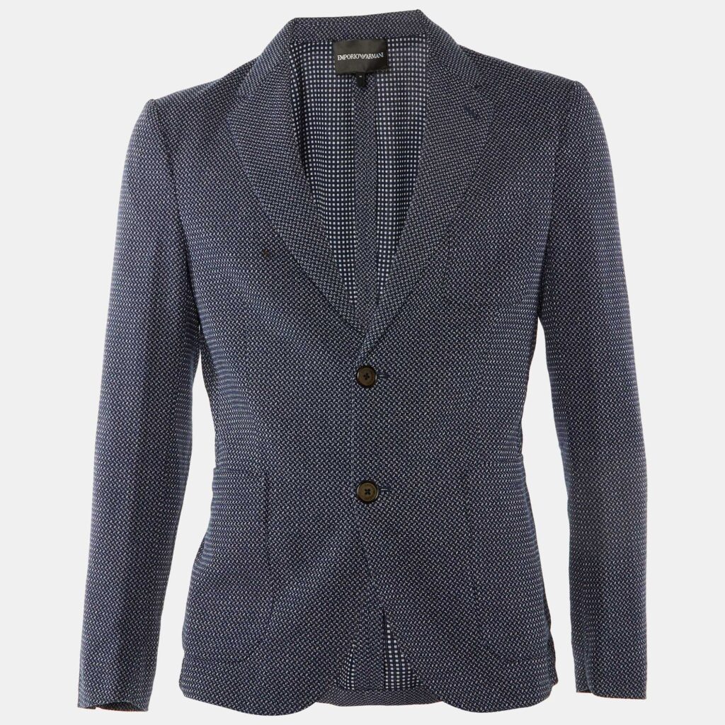 Emporio Armani Navy Blue Square Pattern Cotton Button Front Jacket M Emporio Armani Navy Blue Square Pattern Cotton Button Front Jacket M