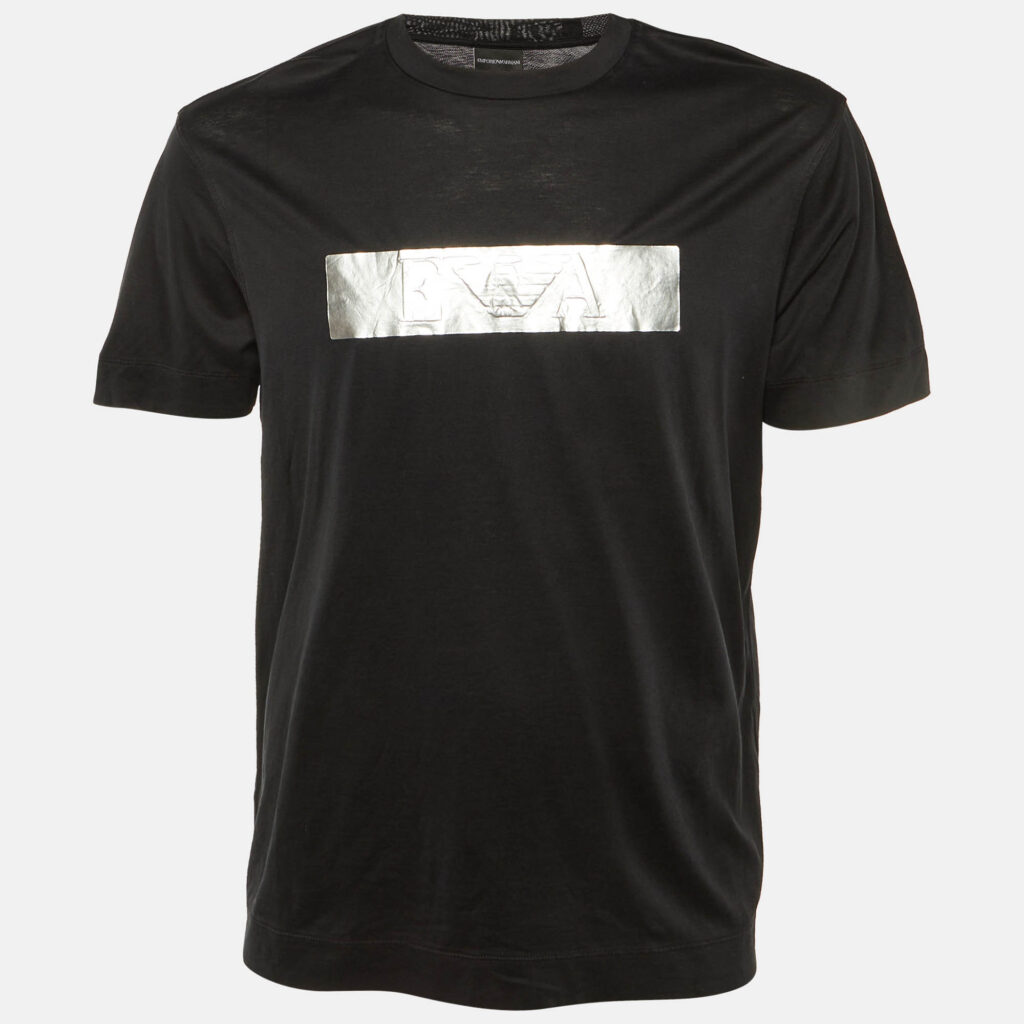 Emporio Armani Black Foil Logo Detail Knit T-Shirt L Emporio Armani Black Foil Logo Detail Knit T-Shirt L