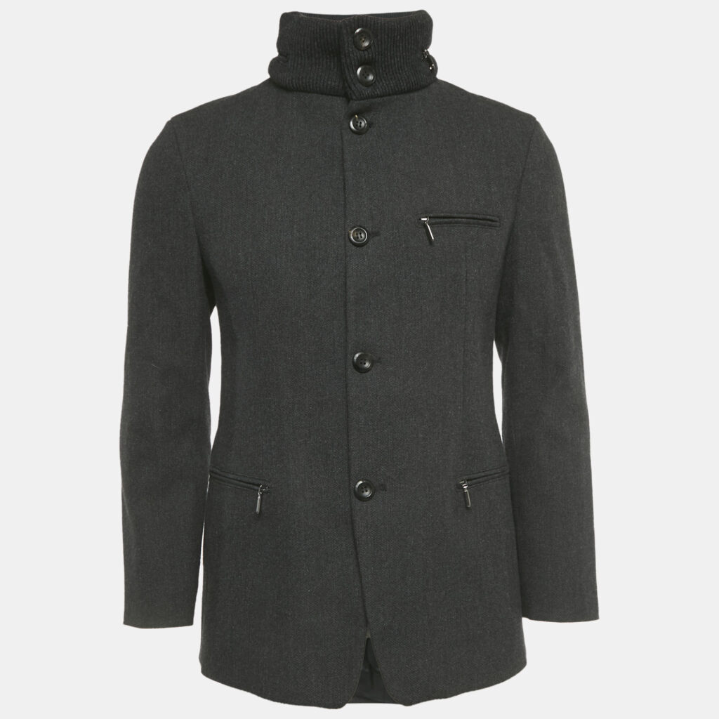 Emporio Armani Grey Wool & Cotton Concealed Hood Coat M Emporio Armani Grey Wool & Cotton Concealed Hood Coat M
