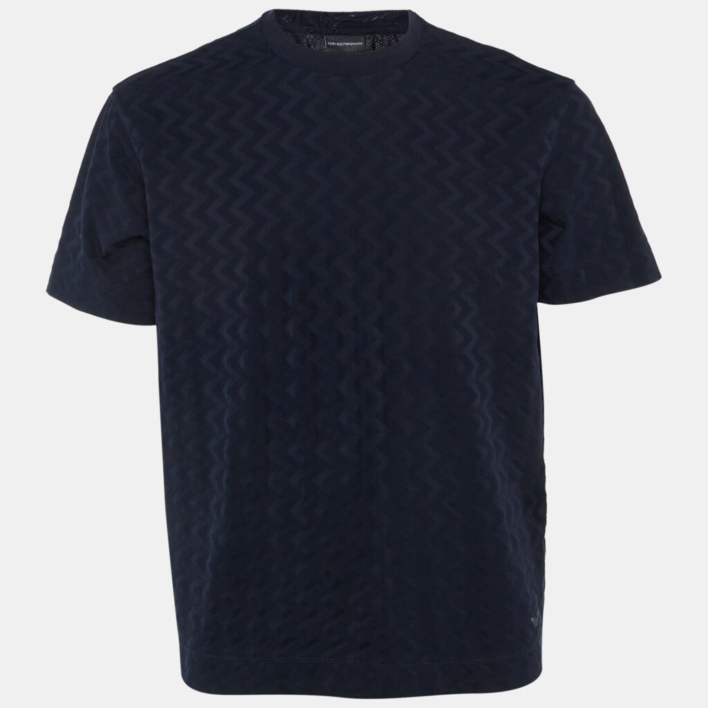 Emporio Armani Midnight Blue Zig Zag Pattern Cotton Crew Neck T-Shirt XL Emporio Armani Midnight Blue Zig Zag Pattern Cotton Crew Neck T-Shirt XL