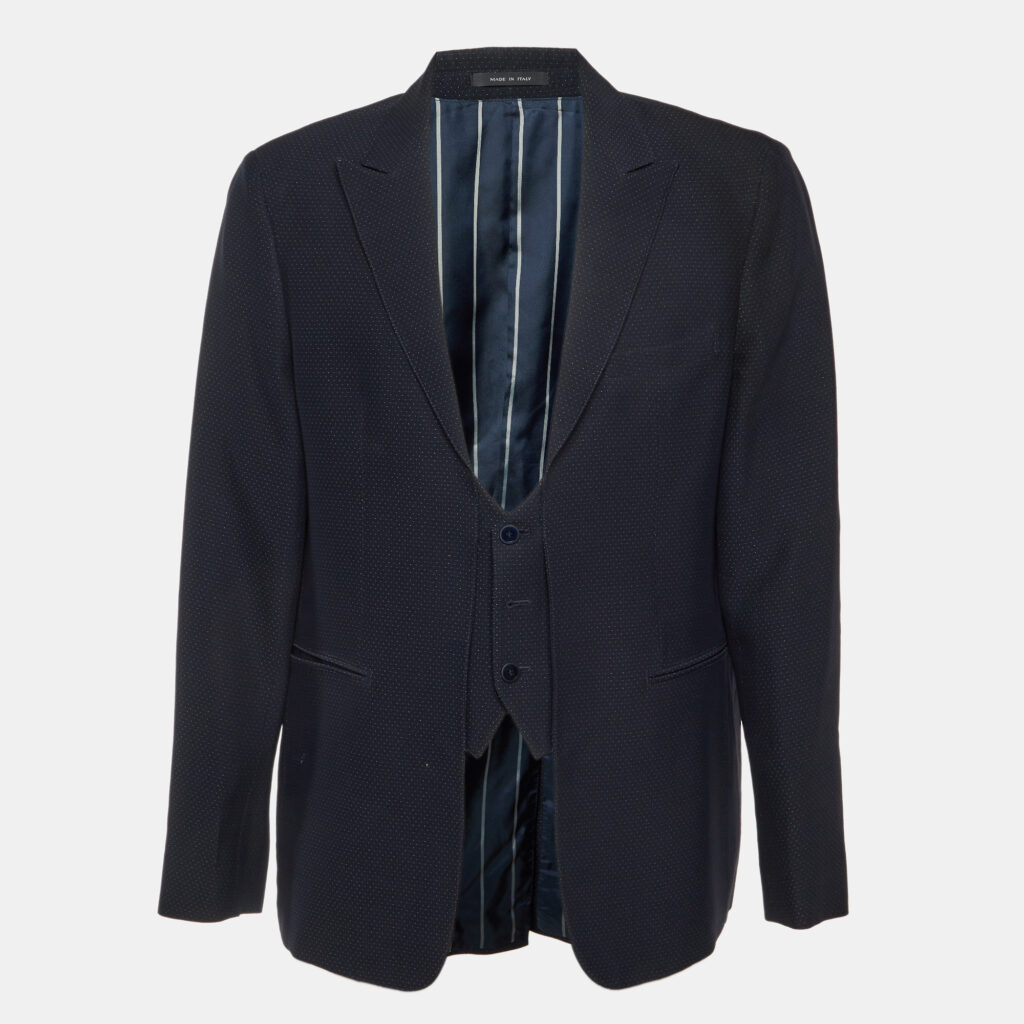 Emporio Armani Navy Blue Dotted Wool Vest Detail Blazer XXL Emporio Armani Navy Blue Dotted Wool Vest Detail Blazer XXL