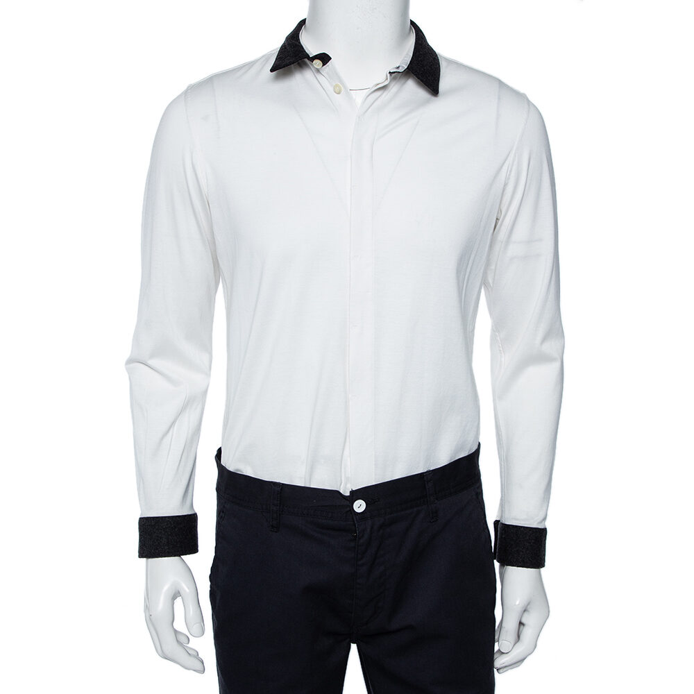 Emporio Armani White Cotton Contrast Wool Trim Button Front Shirt XL Emporio Armani White Cotton Contrast Wool Trim Button Front Shirt XL