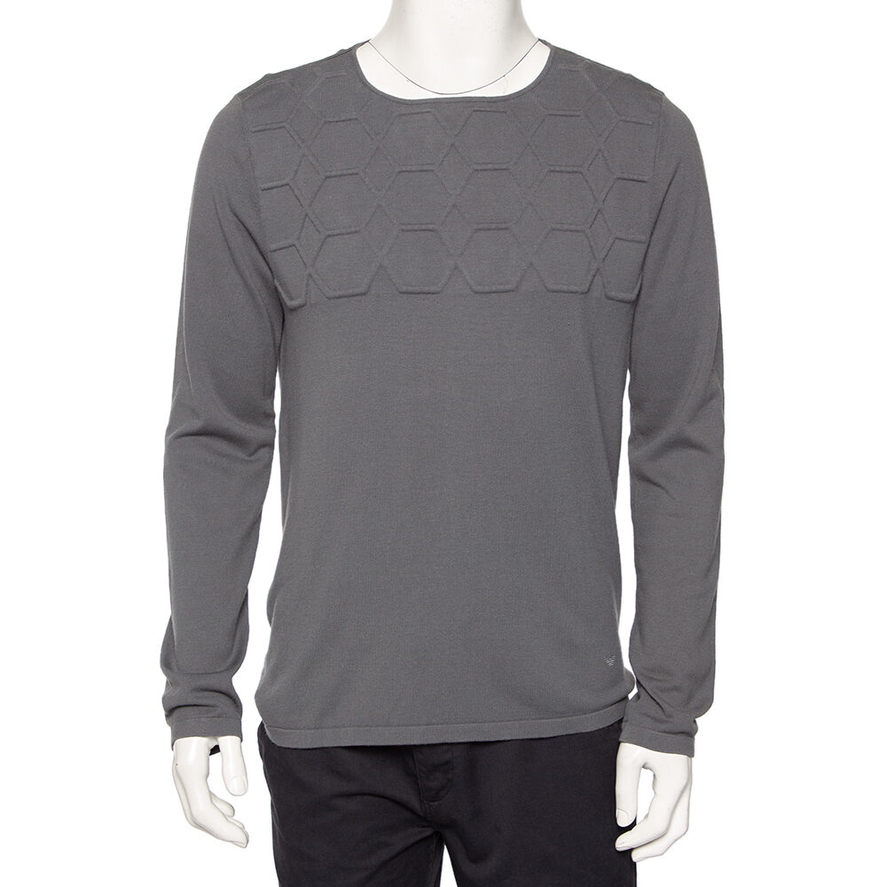 Emporio Armani Grey Embossed Knit Round Neck Sweater L Emporio Armani Grey Embossed Knit Round Neck Sweater L