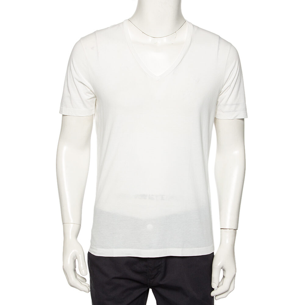 Emporio Armani White Logo Embroidered Cotton V-Neck T-Shirt S Emporio Armani White Logo Embroidered Cotton V-Neck T-Shirt S