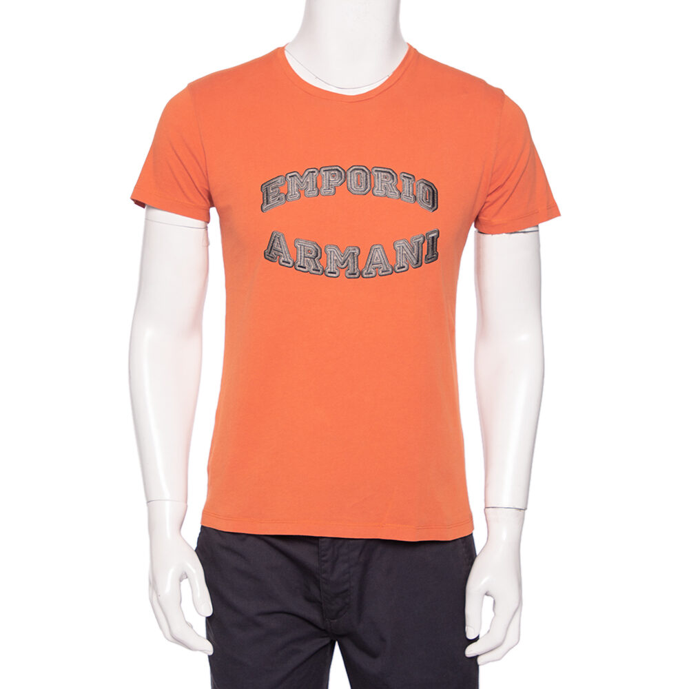 Emporio Armani Orange Logo Embroidered Cotton Crewneck T-Shirt M Emporio Armani Orange Logo Embroidered Cotton Crewneck T-Shirt M
