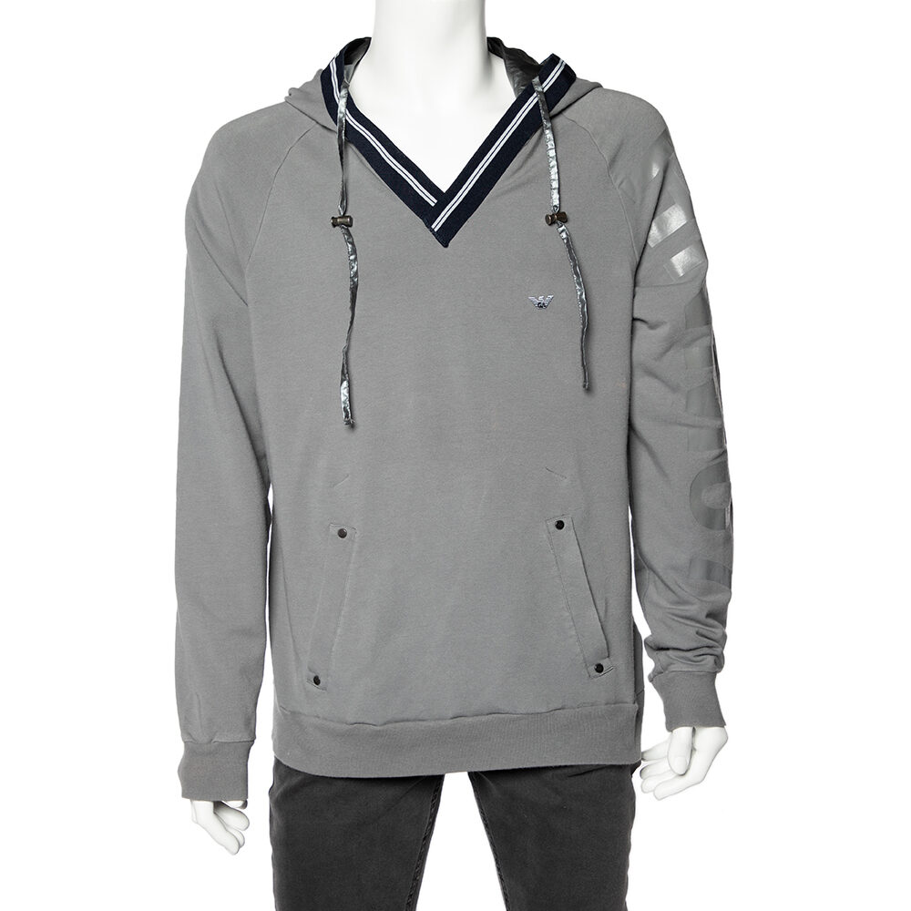 Emporio Armani Grey Cotton Knit Contrast Trim hooded Sweatshirt 3XL Emporio Armani Grey Cotton Knit Contrast Trim hooded Sweatshirt 3XL