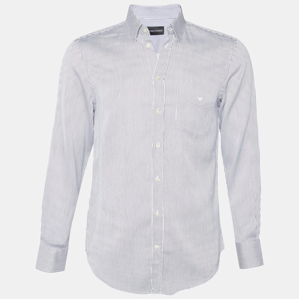 Emporio Armani White & Blue Striped Cotton Button Front Shirt M Emporio Armani White & Blue Striped Cotton Button Front Shirt M