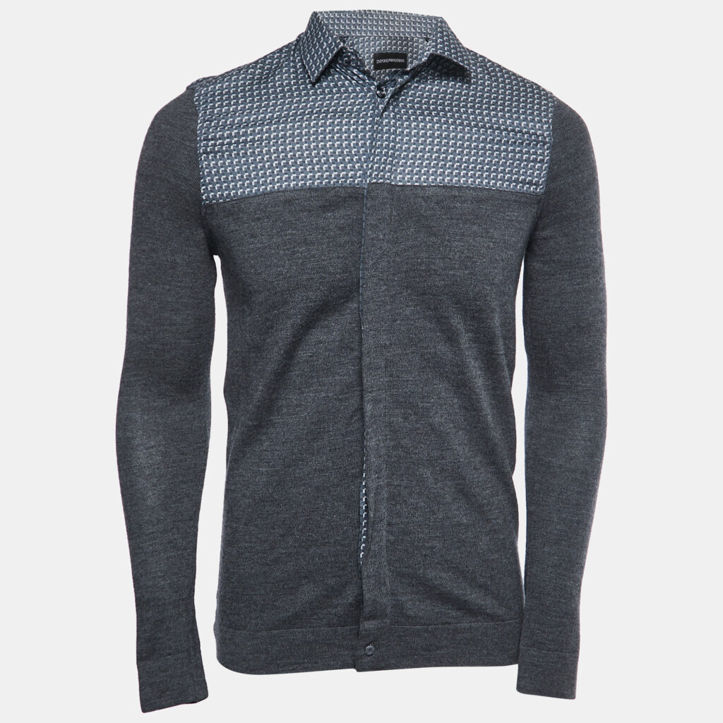 Emporio Armani Grey Patterned Cotton and Wool Knit Full Sleeve Shirt S Emporio Armani Grey Patterned Cotton and Wool Knit Full Sleeve Shirt S