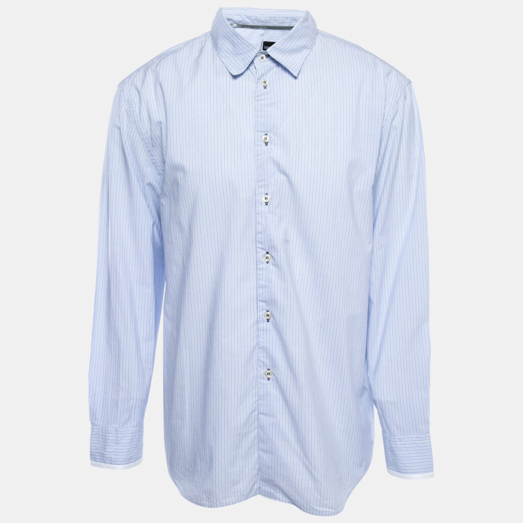 Emporio Armani Blue Striped Cotton Button Front Full Sleeve Shirt XXL