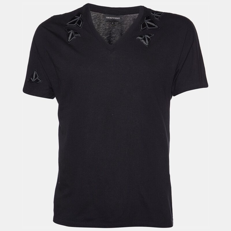 Emporio Armani Black Cotton Patch Detail V-Neck T-Shirt M Emporio Armani Black Cotton Patch Detail V-Neck T-Shirt M