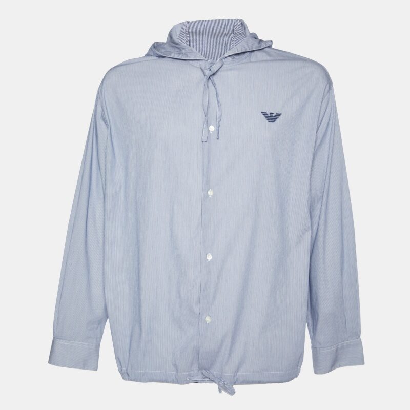 Emporio Armani Blue Striped Cotton Blend Hooded Shirt L/XL Emporio Armani Blue Striped Cotton Blend Hooded Shirt L/XL