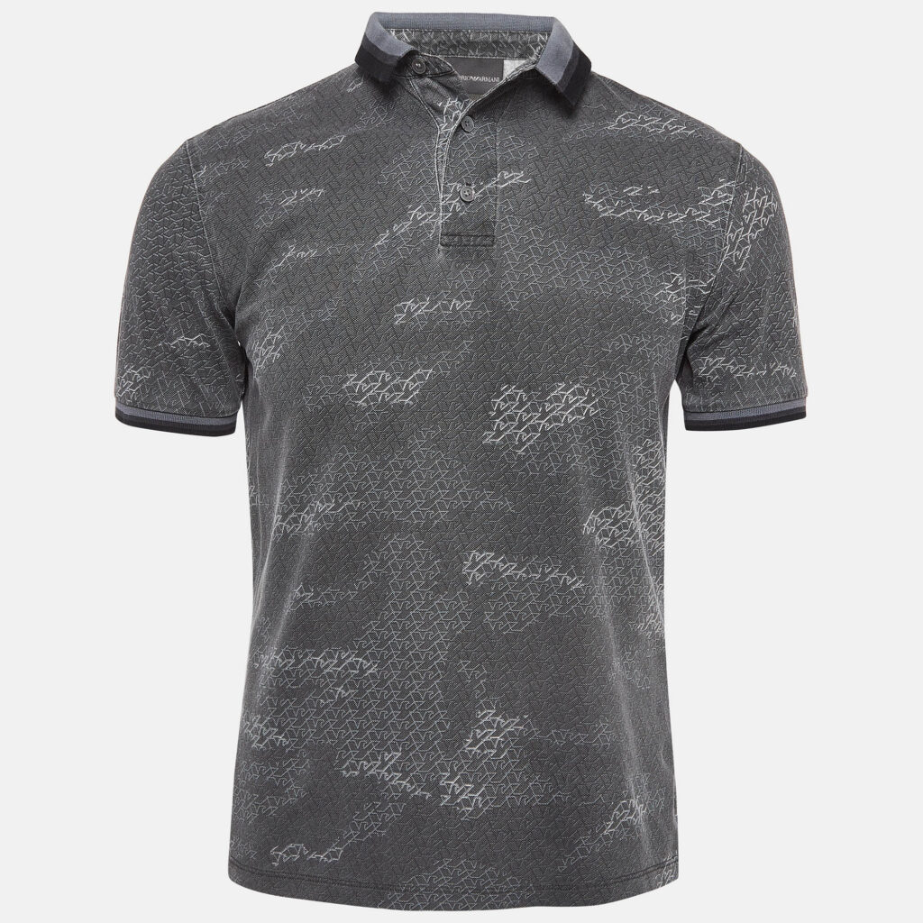 Emporio Armani Grey Printed Knit Polo Contrast Trim T-Shirt S