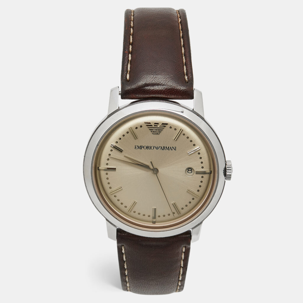 Emporio Armani Champagne Stainless Steel Leather AR-0573 Men's Wristwatch 42 mm Emporio Armani Champagne Stainless Steel Leather AR-0573 Men's Wristwatch 42 mm