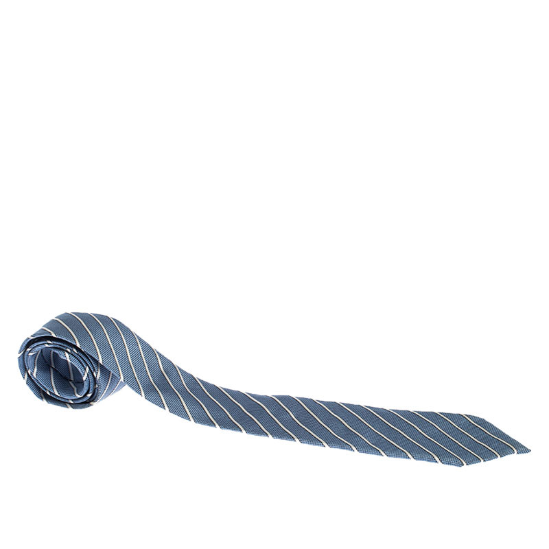 Ermenegildo Zegna Couture Blue Striped Jacquard Silk Tie