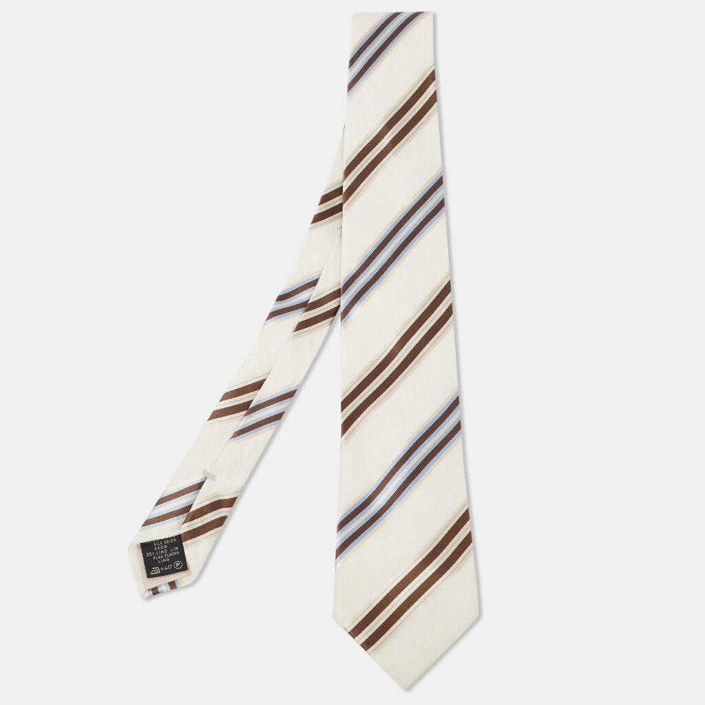 Ermenegildo Zegna Off White Striped Silk and Linen Tie