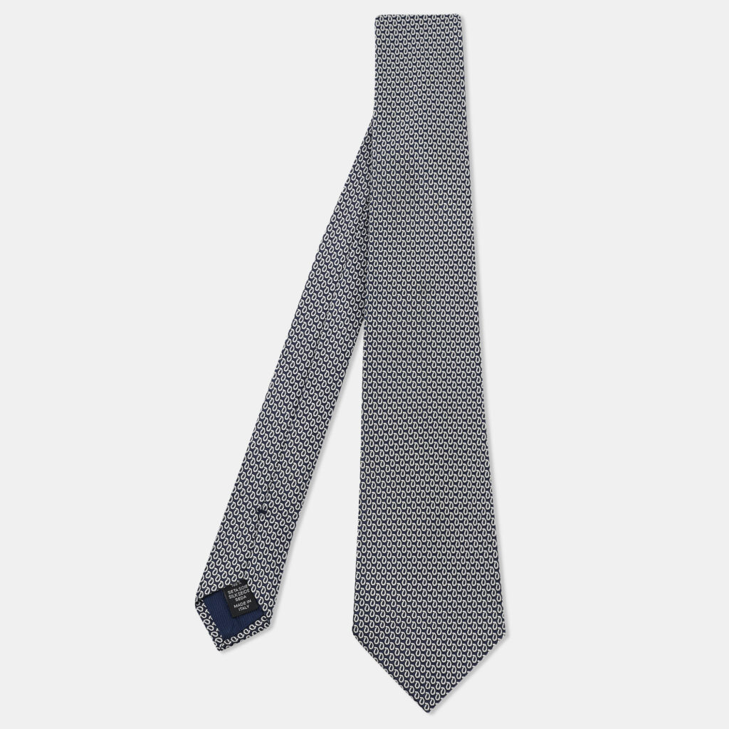 Ermenegildo Zegna Navy Blue/White Jacquard Silk Tie