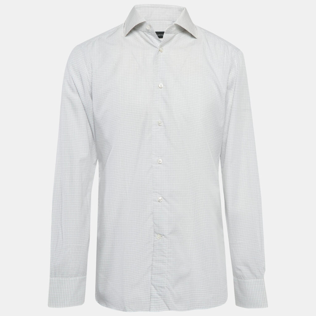 Ermenegildo Zegna White Checked Cotton Shirt L