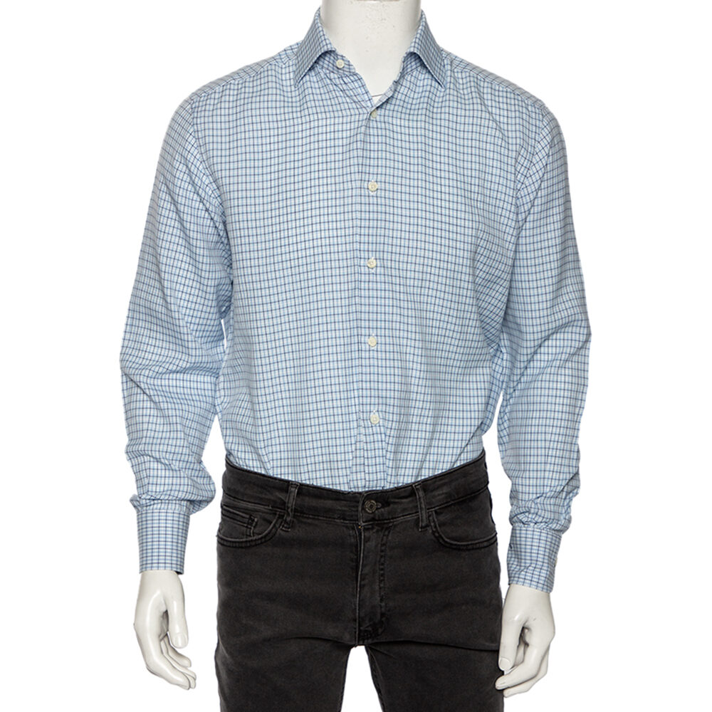 Ermenegildo Zegna Light Blue Check Cotton Button Front Regular Fit Shirt M Ermenegildo Zegna Light Blue Check Cotton Button Front Regular Fit Shirt M