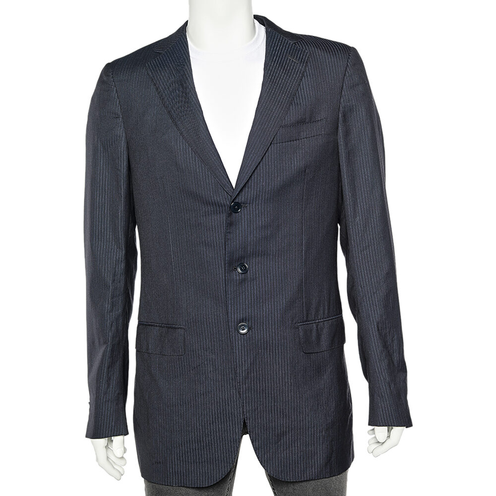 Ermenegildo Zegna Dark Blue Tonal Striped Wool Blazer L Ermenegildo Zegna Dark Blue Tonal Striped Wool Blazer L