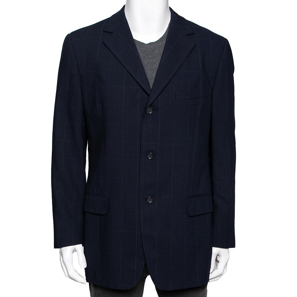 Ermenegildo Zegna Navy Blue Checked Wool Single Breasted Blazer XL Ermenegildo Zegna Navy Blue Checked Wool Single Breasted Blazer XL