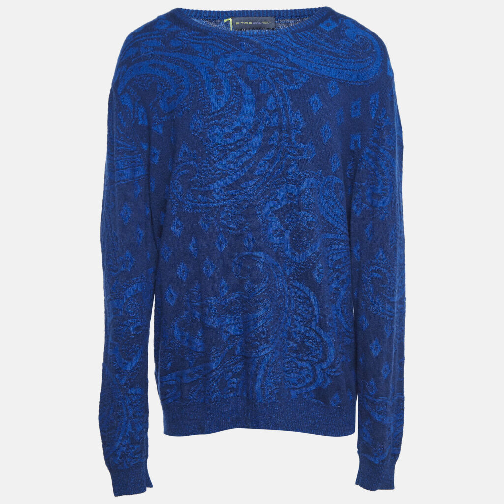 Etro Blue Paisley Knit Crew Neck Sweater XXL Etro Blue Paisley Knit Crew Neck Sweater XXL