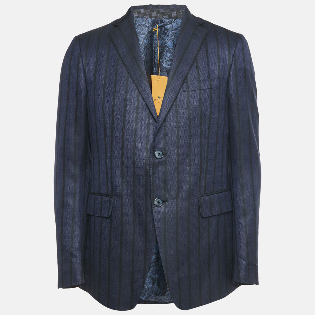 Etro Navy Blue Stripe Wool Blend Single Breasted Blazer L