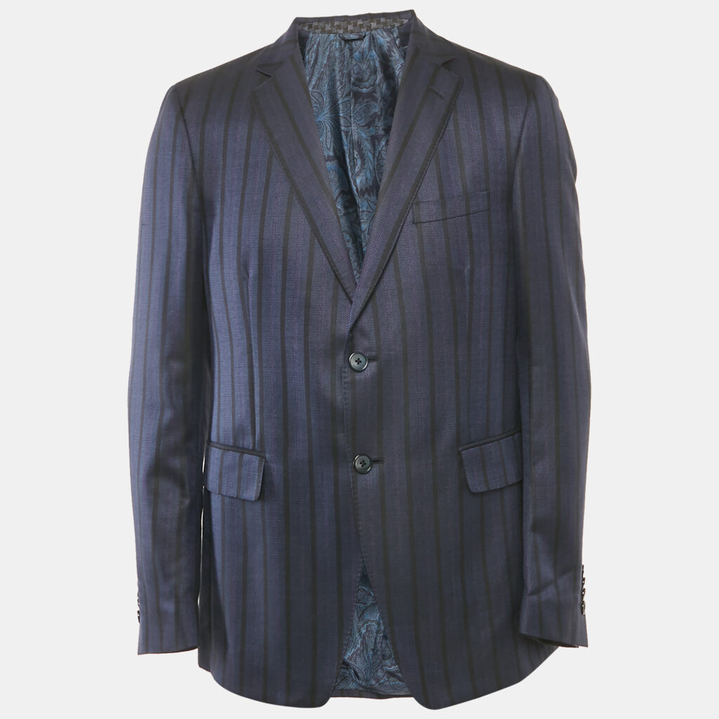 Etro Blue Striped Silk Blend Single Breasted Blazer XL Etro Blue Striped Silk Blend Single Breasted Blazer XL