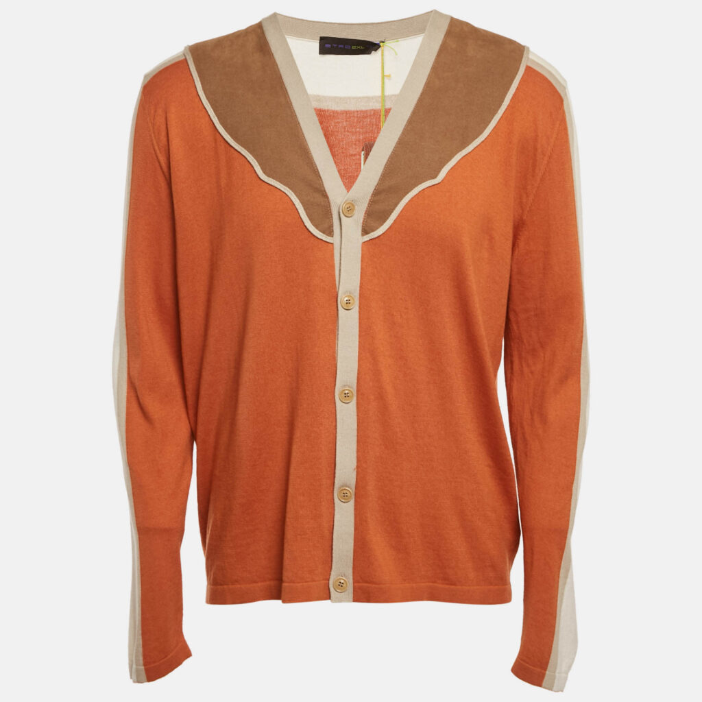 Etro Orange Faux Suede Trim Knit Cardigan XXL Etro Orange Faux Suede Trim Knit Cardigan XXL