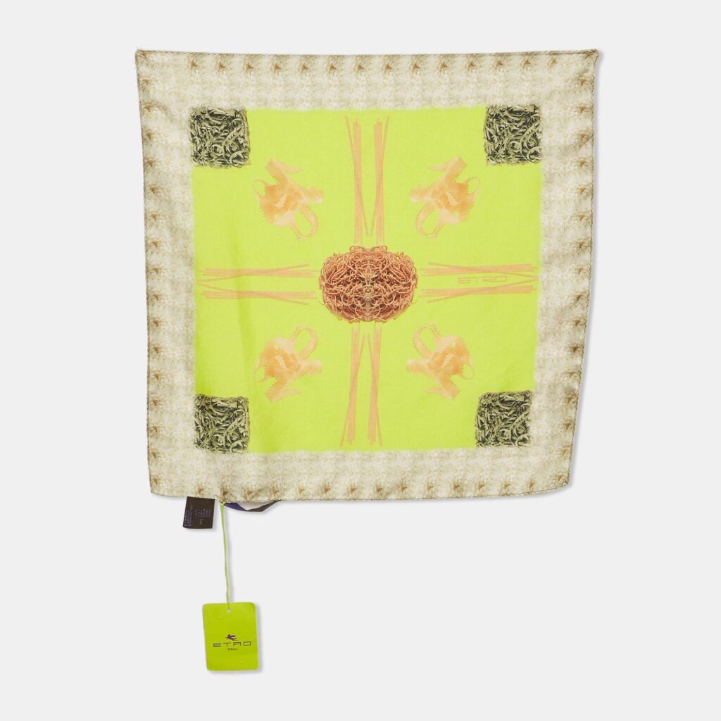 Etro Neon Green Spaghetti Printed Silk Pocket Square Etro Neon Green Spaghetti Printed Silk Pocket Square
