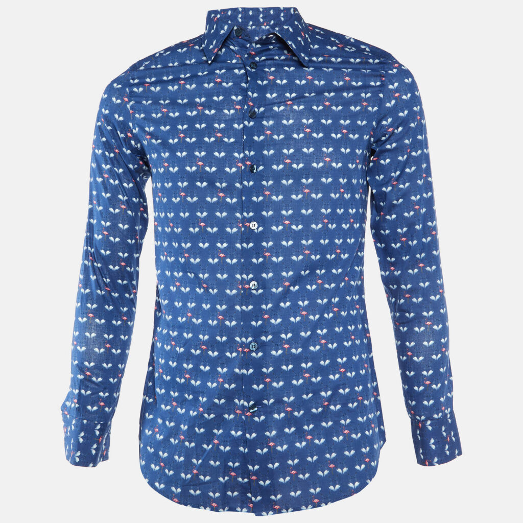 Etro Navy Blue Flamingo Print Cotton Long Sleeve Shirt M