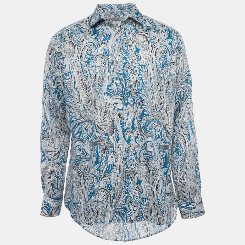 Etro Blue Printed Cotton Button Front Long Sleeve Shirt XXL