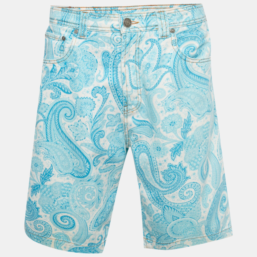 Etro Blue Paisley Print Demin Bermuda Shorts S Waist 33"
