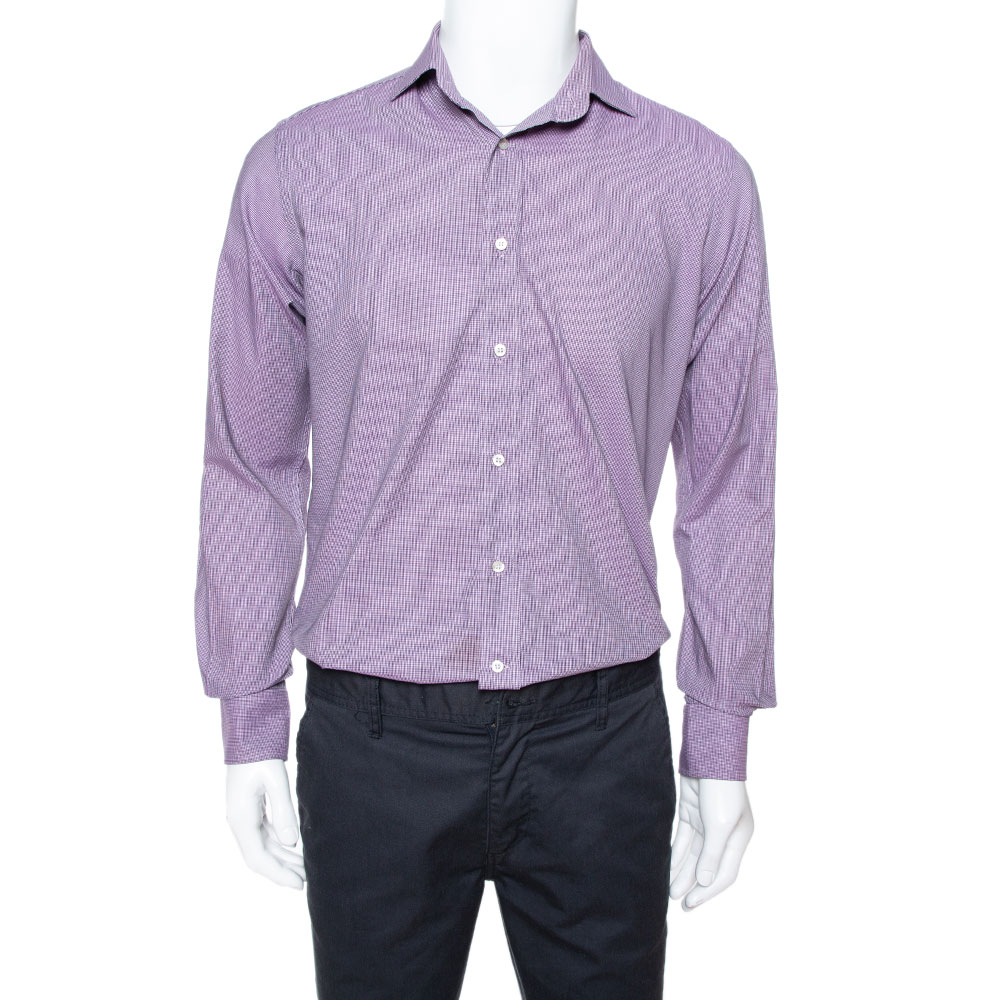 Etro Purple Houndstooth Pattern Cotton Long Sleeve Shirt M Etro Purple Houndstooth Pattern Cotton Long Sleeve Shirt M