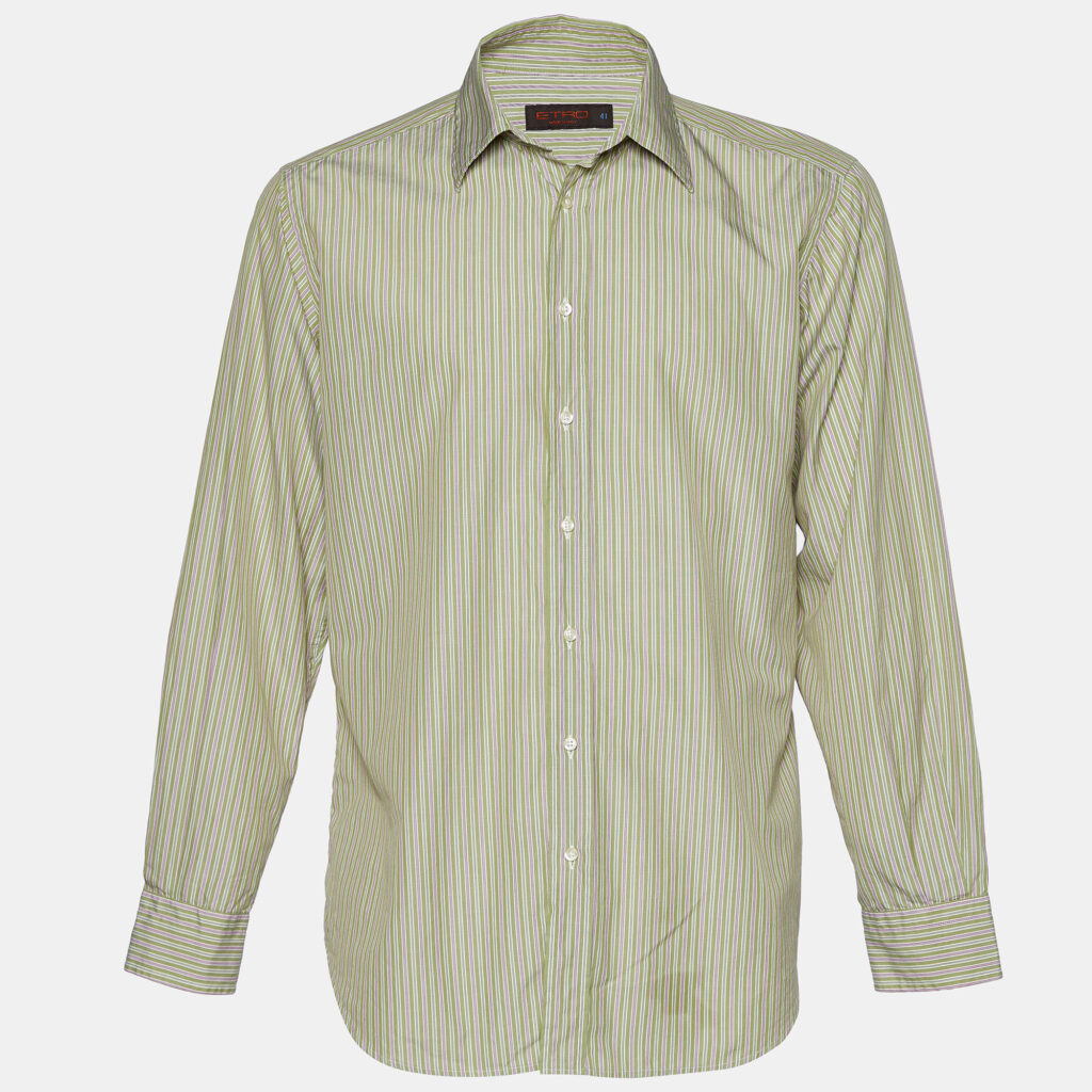 Etro Green Striped Cotton Button Front Shirt L Etro Green Striped Cotton Button Front Shirt L
