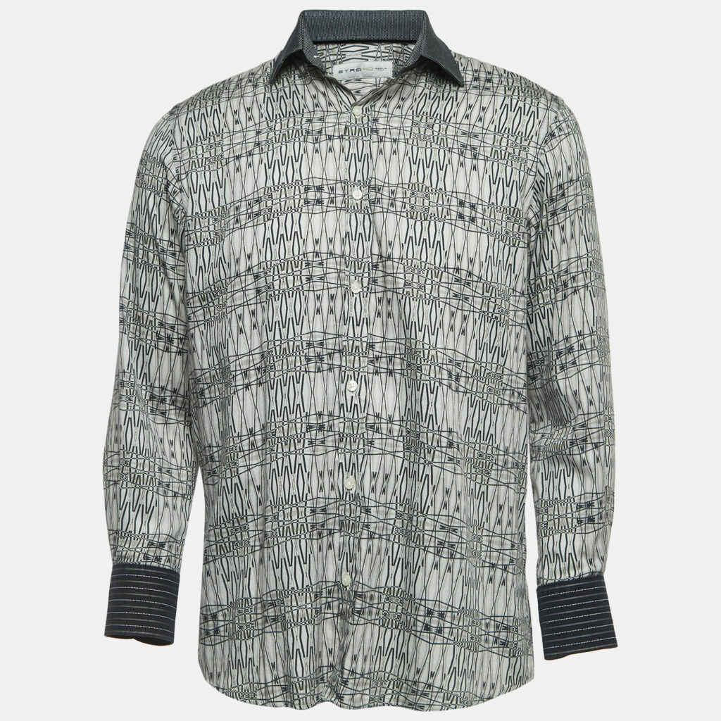 Etro Grey Print Cotton Button Front Full Sleeve Shirt M