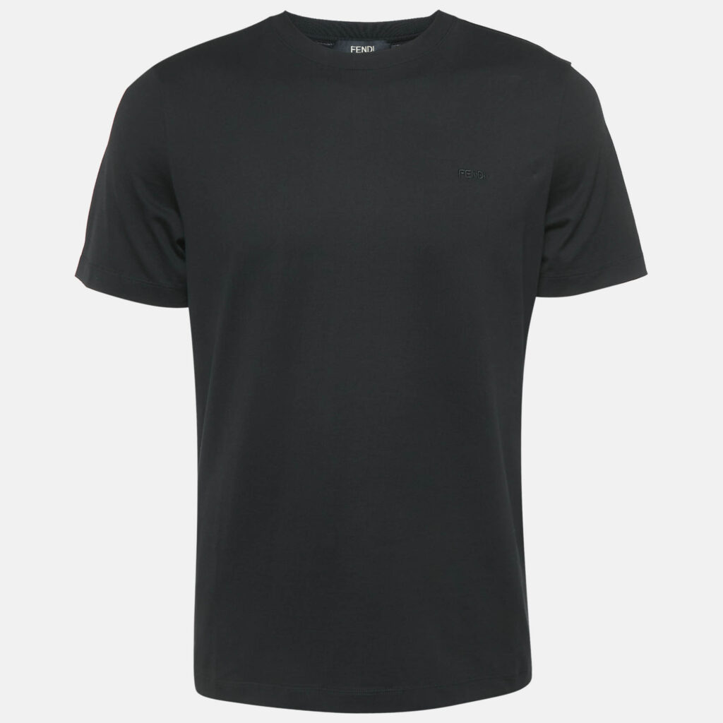 Fendi Black Logo Embroidered Cotton Crew Neck T-Shirt L Fendi Black Logo Embroidered Cotton Crew Neck T-Shirt L