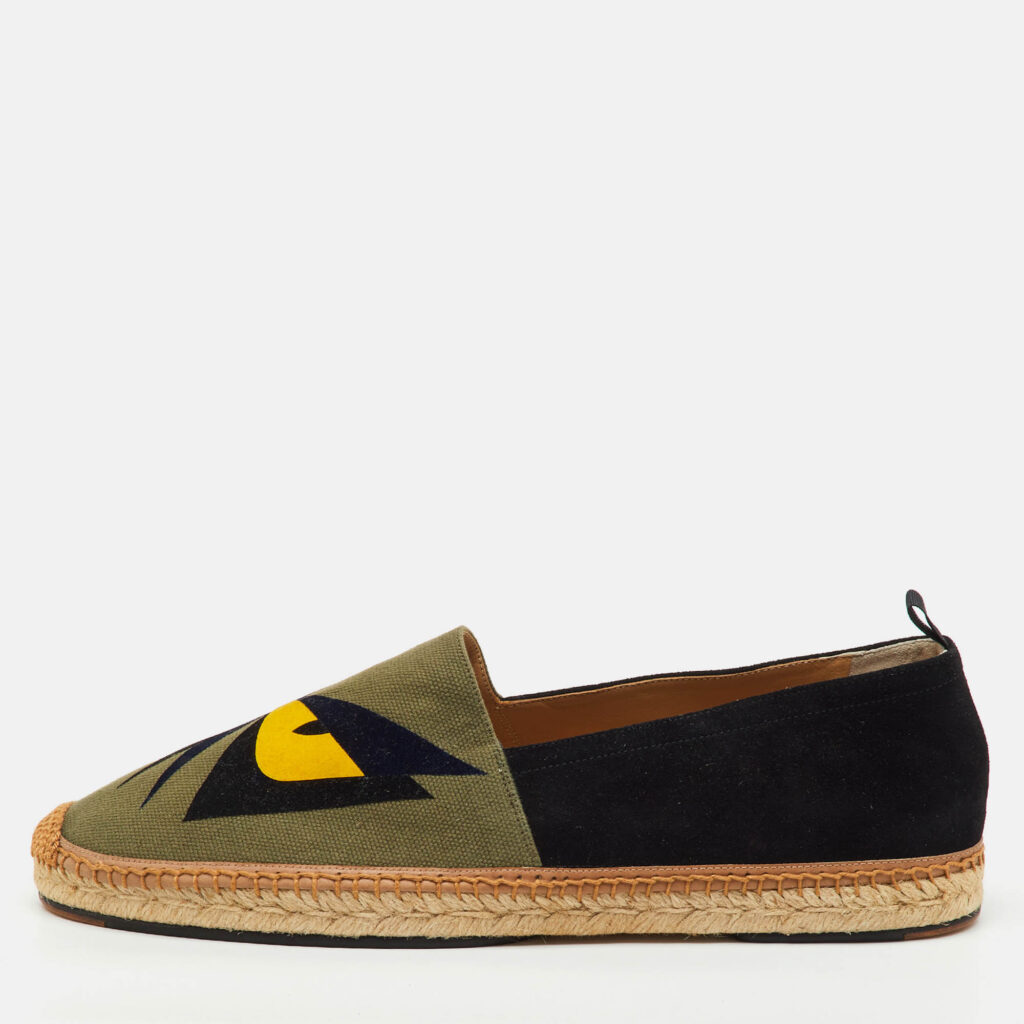 Fendi Black/Green Suede and Canvas Bag Bugs Monster Espadrille Flats Size 45