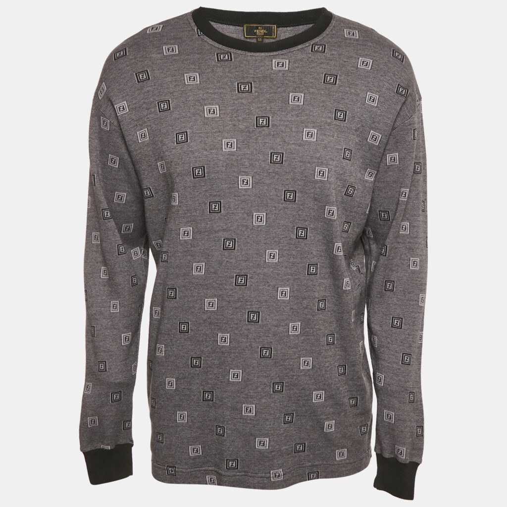 Fendi Vintage Grey FF Pattern Cotton Knit Sweatshirt L Fendi Vintage Grey FF Pattern Cotton Knit Sweatshirt L