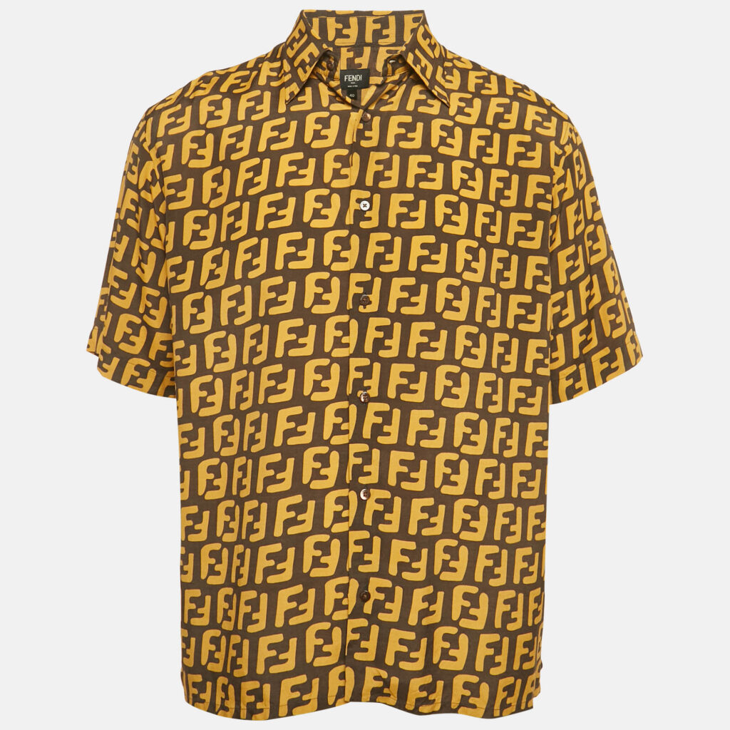 Fendi Dark Brown Allover Logo Print Synthetic Bowling Shirt M Fendi Dark Brown Allover Logo Print Synthetic Bowling Shirt M