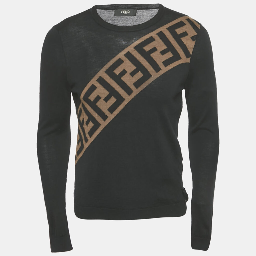 Fendi Black Zucca Intarsia Wool Knit Pullover S Fendi Black Zucca Intarsia Wool Knit Pullover S