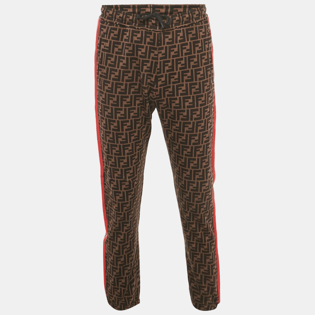 Fendi Brown Zucca Monogram Cotton Multicolor Stripe Detail Joggers M Fendi Brown Zucca Monogram Cotton Multicolor Stripe Detail Joggers M