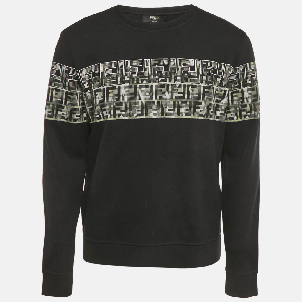 Fendi Black FF Print Cotton Knit Crewneck Sweater L