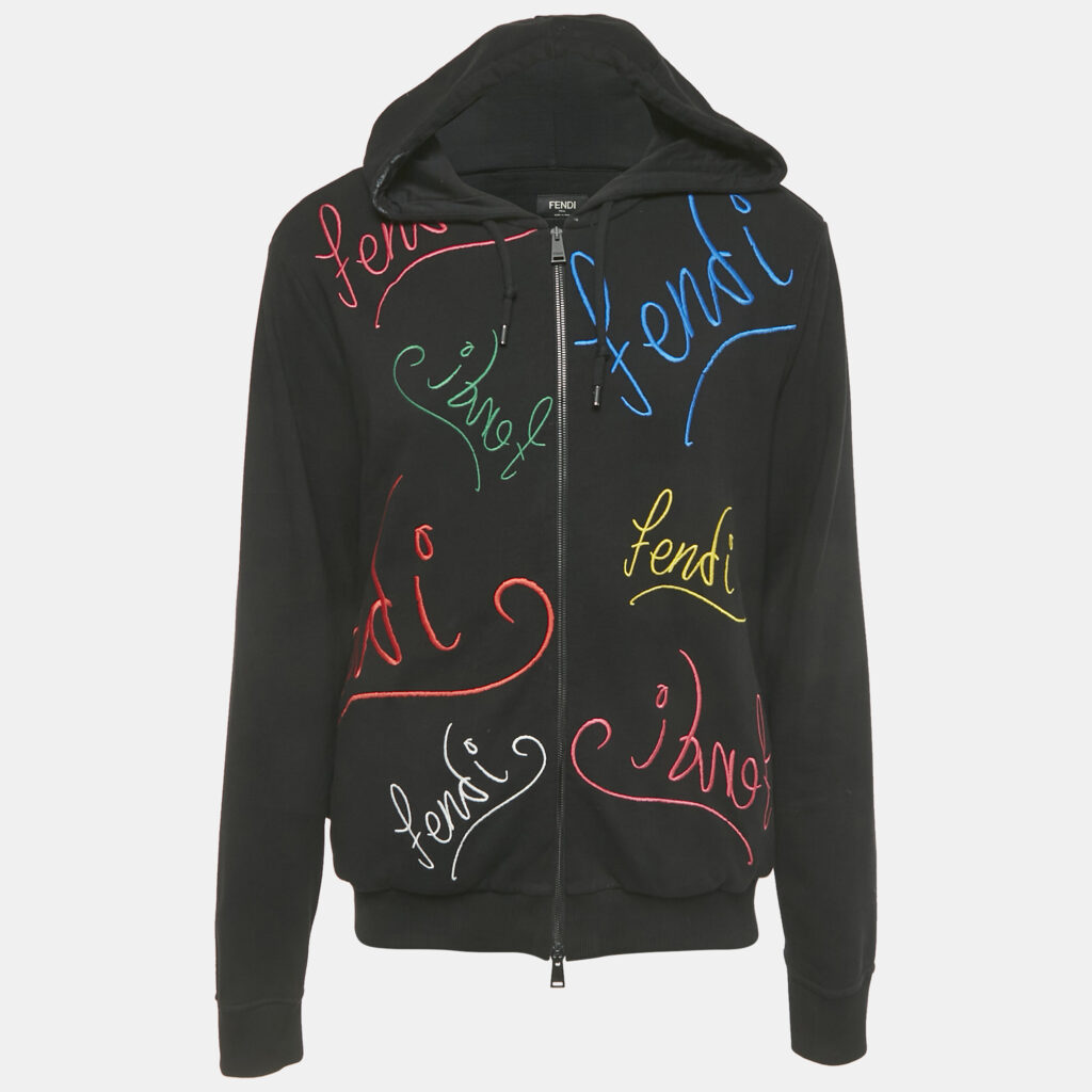 Fendi Black Logo Embroidered Cotton Zip-Up Hoodie XL Fendi Black Logo Embroidered Cotton Zip-Up Hoodie XL
