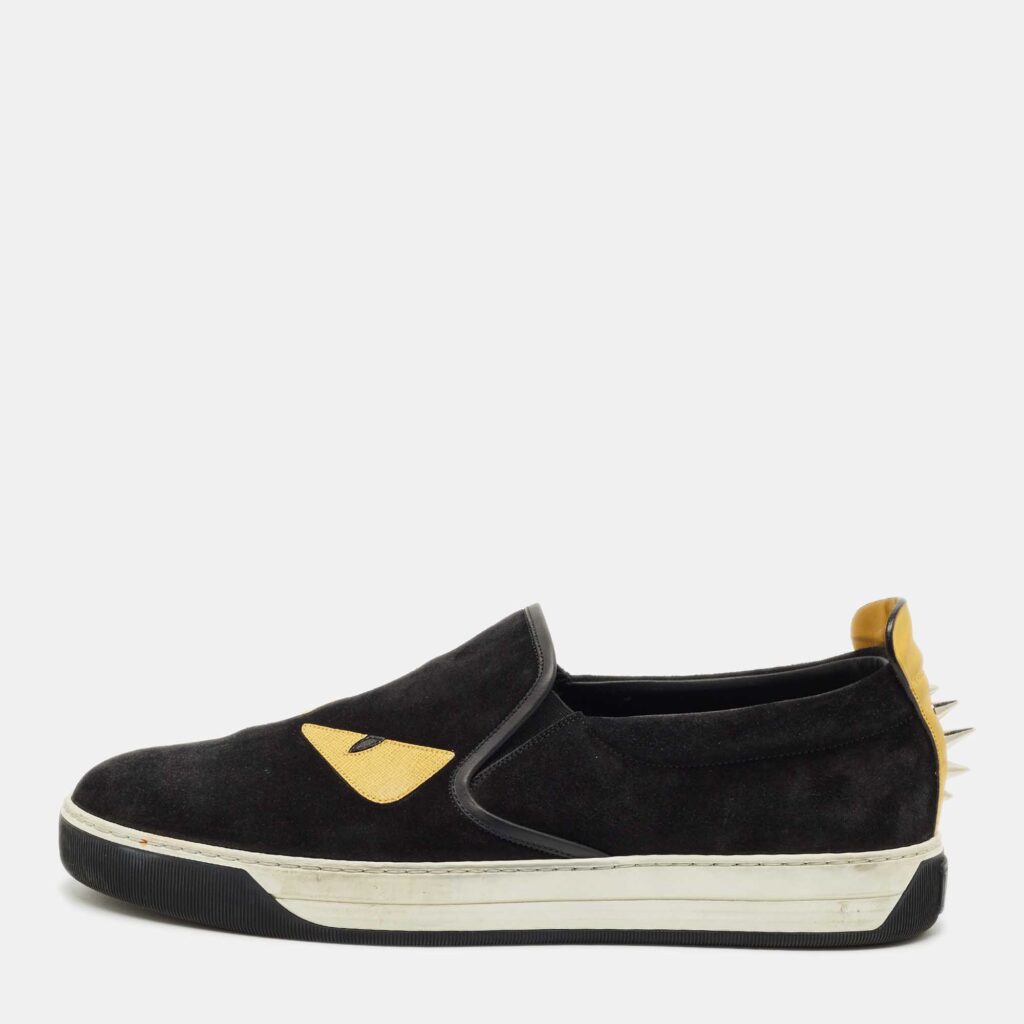 Fendi Black Leather and Suede Monster Low Top Sneakers Size 43